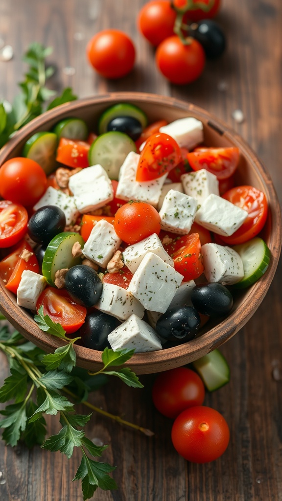 A vibrant traditional Greek salad with tomatoes, cucumbers, olives, and feta cheese.