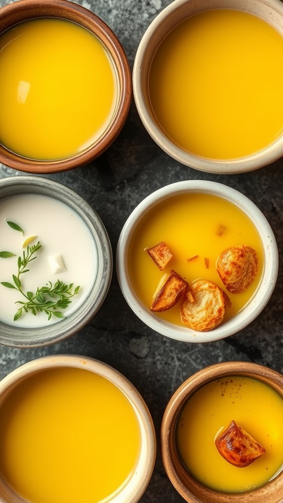 A variety of lemon butter sauces in small bowls, showcasing different textures and flavors.