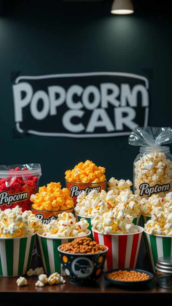 A vibrant setup of a popcorn bar with various flavors and toppings.