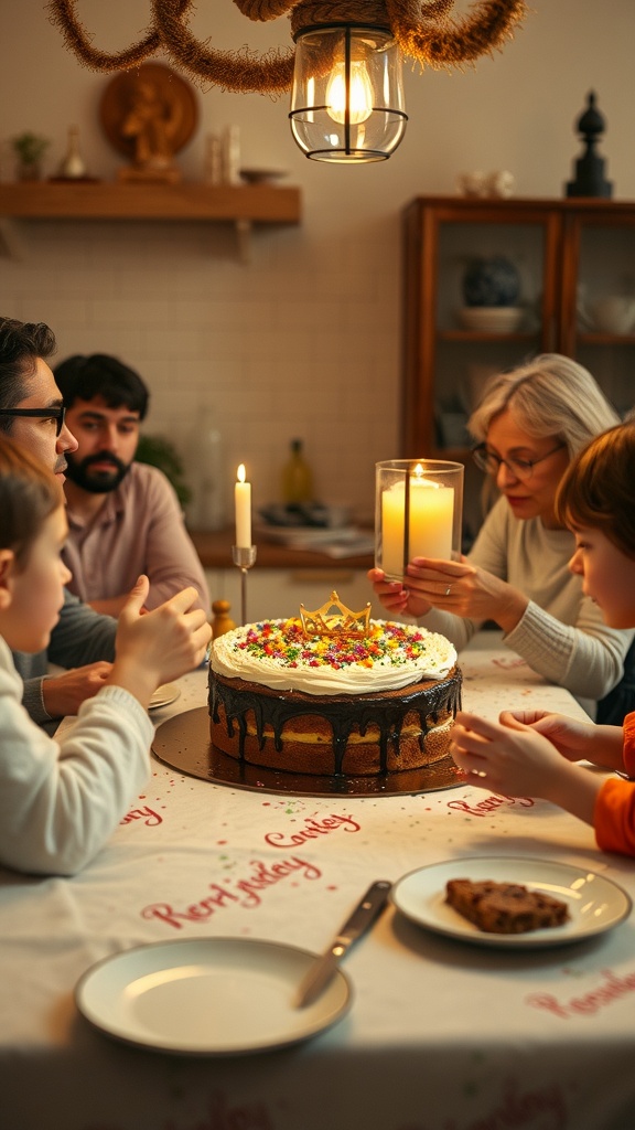A beautifully decorated King Cake with vibrant icing, sprinkles, and a crown on top, surrounded by family.