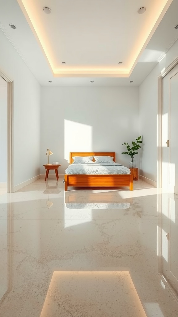 A stylish bedroom featuring a bright bed, soft lighting, and glossy epoxy flooring