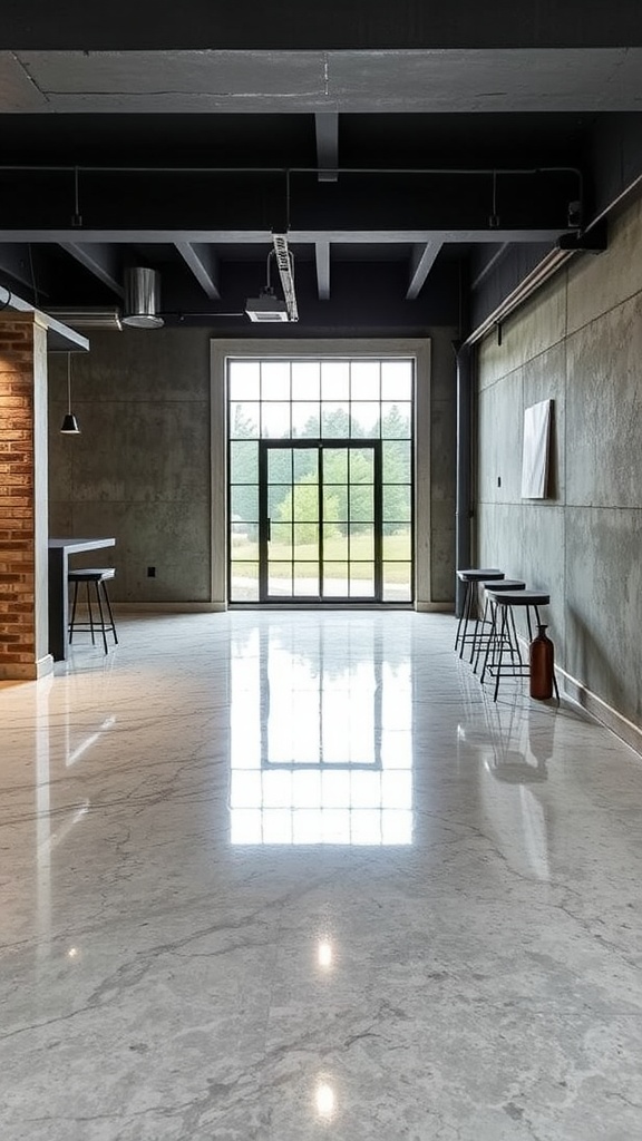 Modern basement with epoxy flooring and black ceiling, showcasing a sleek industrial design.