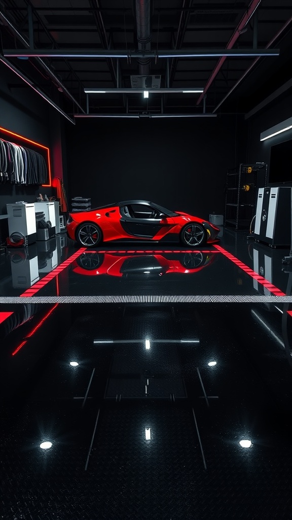 A sleek, modern garage showcasing a red sports car on a glow-in-the-dark epoxy floor with stylish lighting.