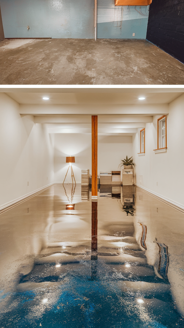 Before and after image of a basement floor transformation using epoxy metallic flooring.