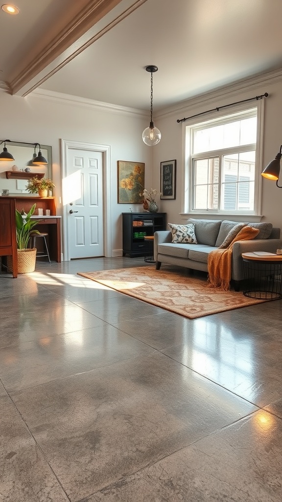 A stylish basement interior featuring polished stained concrete floors, a cozy sofa, and warm lighting.