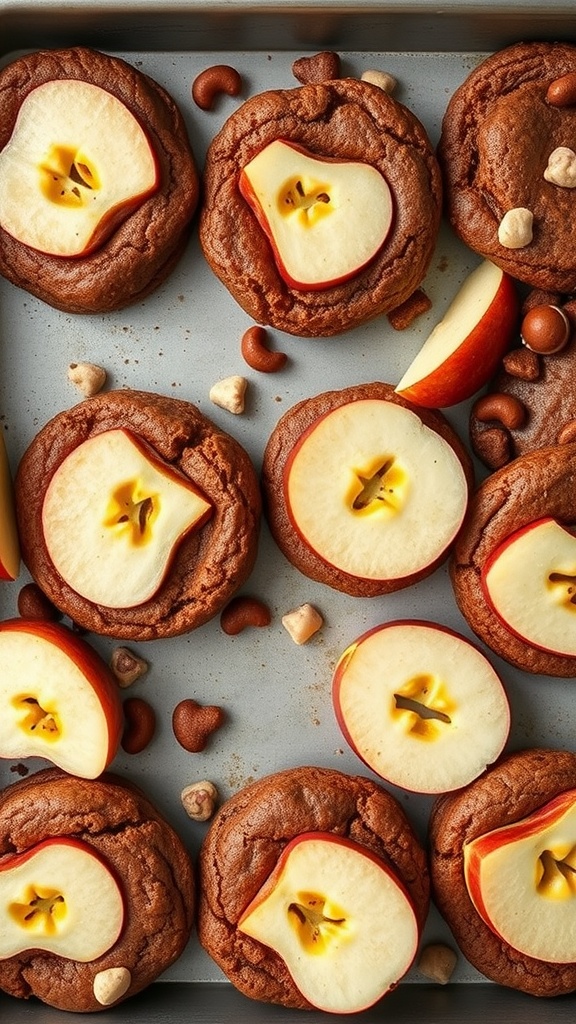 Brownie-like cookies topped with sliced apples, showcasing a delicious treat.