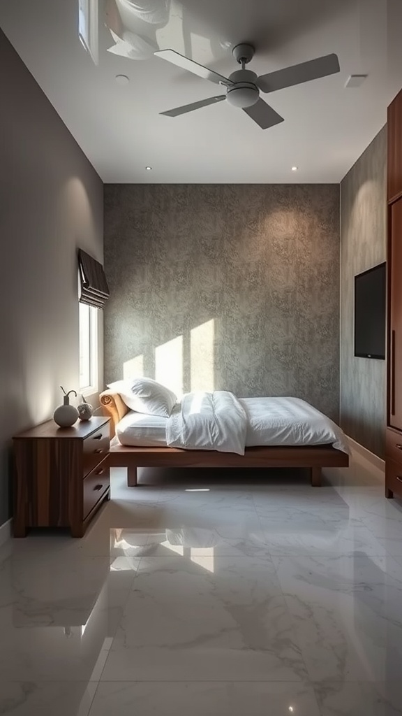 Bright bedroom with epoxy concrete floors, showcasing a unique design and modern furnishings