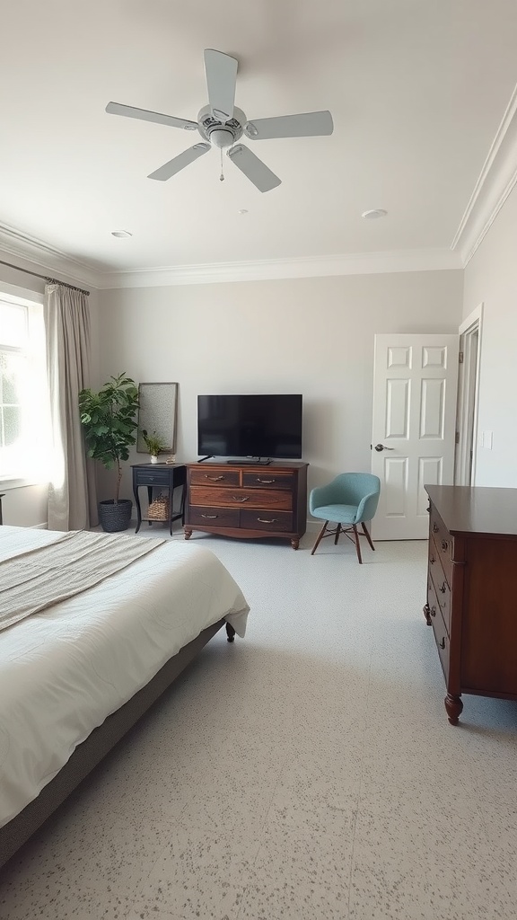 Before and after images of a bedroom transformation featuring epoxy flooring.