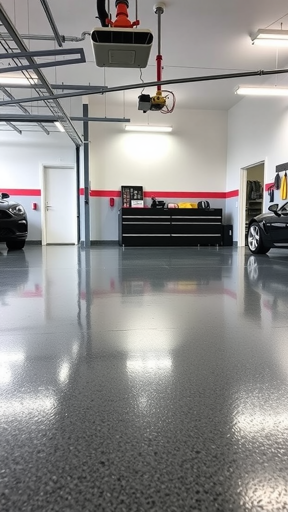A comparison of a garage floor before and after an epoxy makeover, highlighting a shiny, bright floor after treatment.