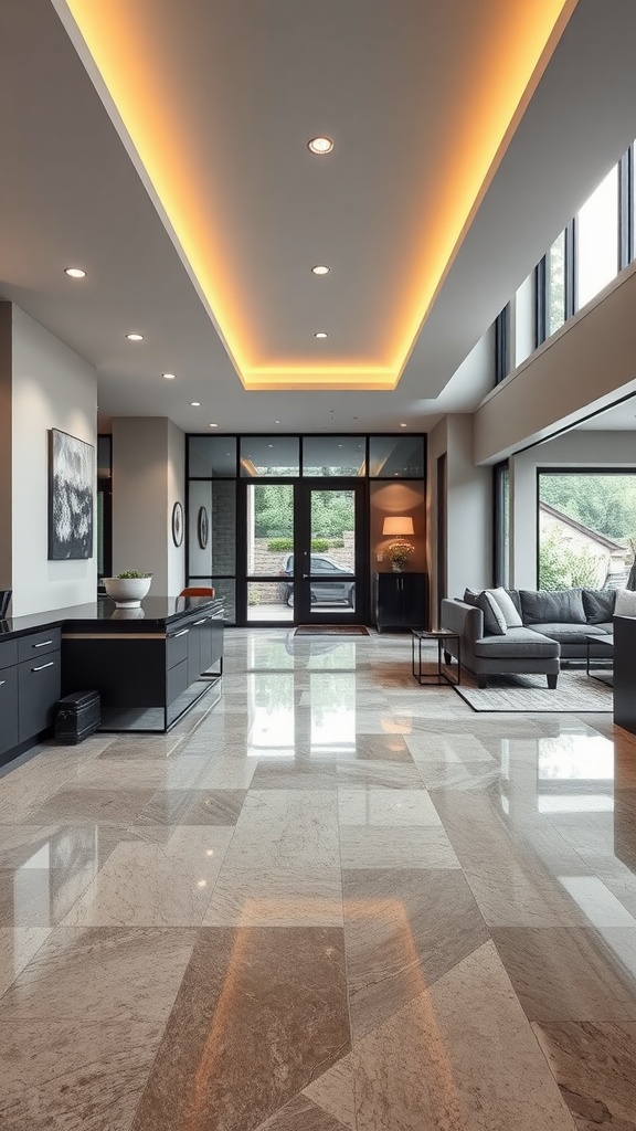 A modern living room with large windows, sleek furniture, and polished epoxy floors.