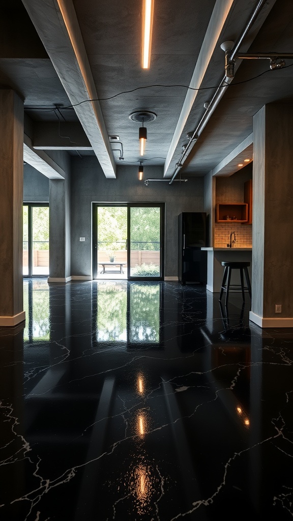 Modern basement with glossy black epoxy flooring, large windows, and sleek design