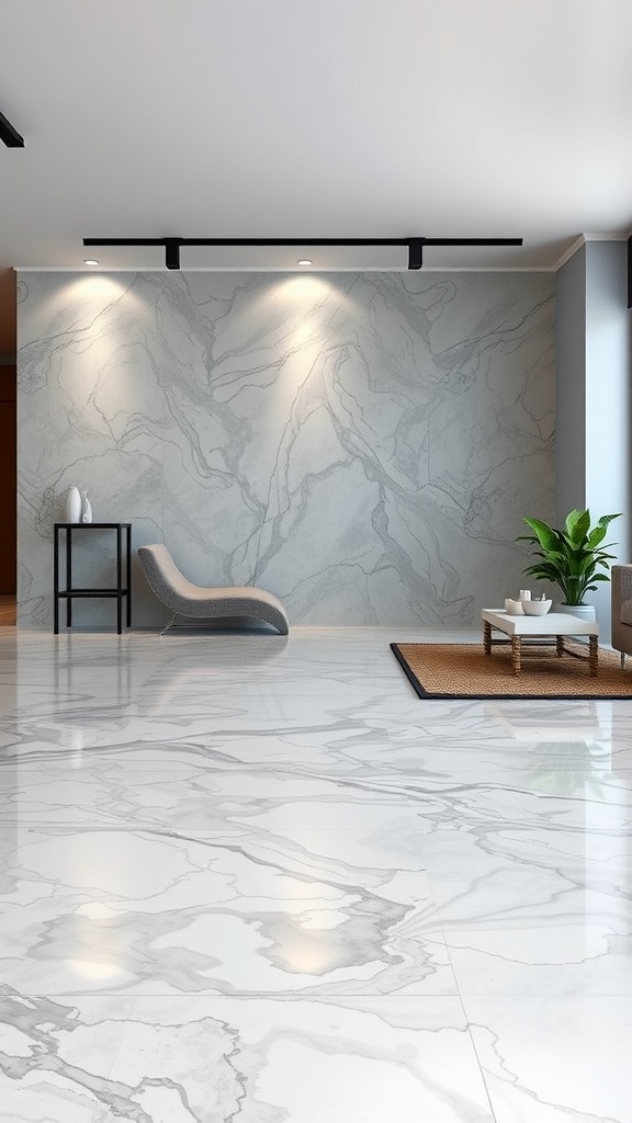 A modern living room featuring a sleek, translucent epoxy floor with white and grey marble-like patterns.