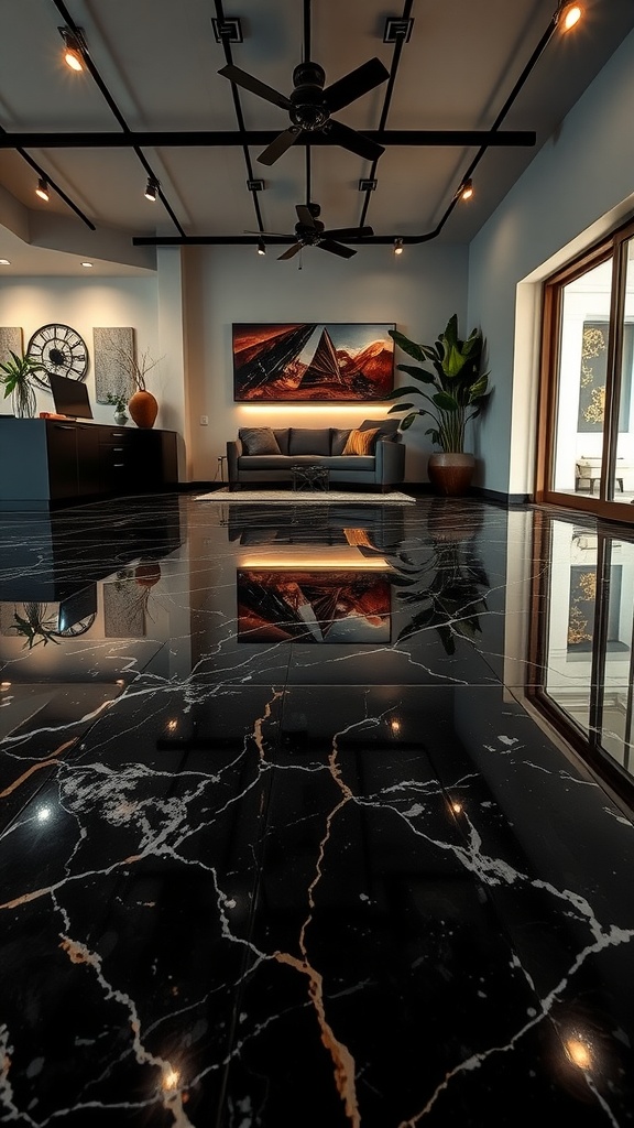 A luxurious black marble epoxy floor reflecting light in a modern room with stylish decor.