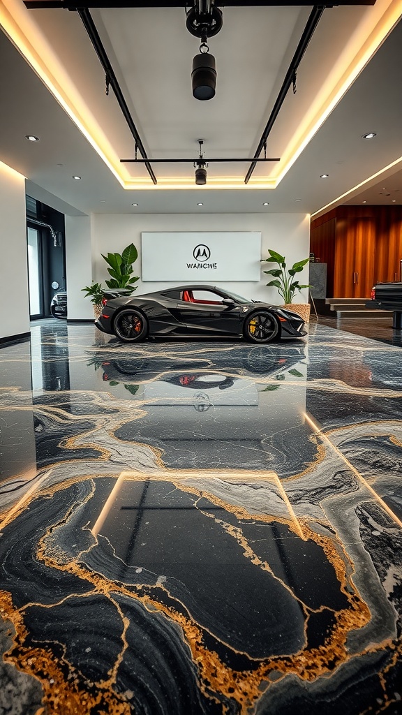 A luxurious garage featuring a marble-like epoxy floor with gold veins and a sleek black sports car.