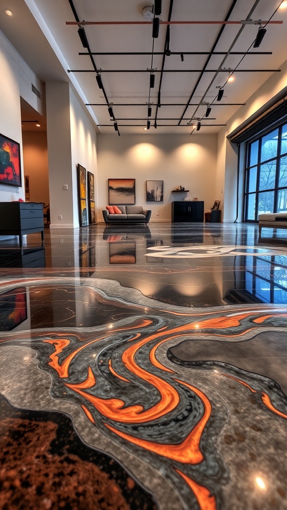 A beautifully designed translucent epoxy concrete floor with flowing patterns in shades of black, orange, and gray.