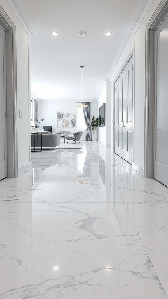 Bright hallway with white and grey epoxy flooring and modern decor