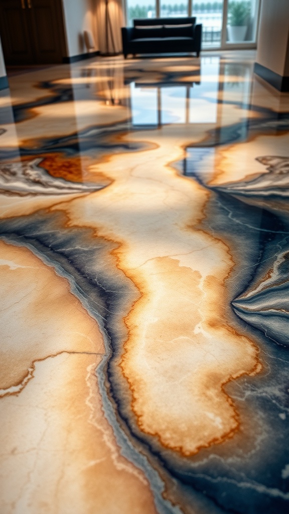 A detailed view of a 3D epoxy floor showcasing vibrant koi fish swimming in a translucent layer, enhancing the modern kitchen space.