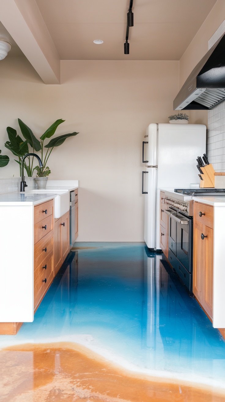 Modern kitchen with a translucent epoxy floor featuring blue and brown layers, complemented by white cabinets and natural wood accents.