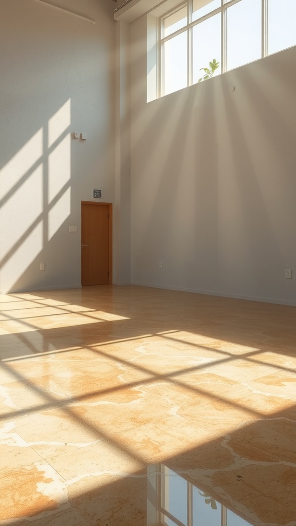 A bright living room with translucent epoxy flooring featuring embedded leaves, showcasing a modern farmhouse aesthetic.