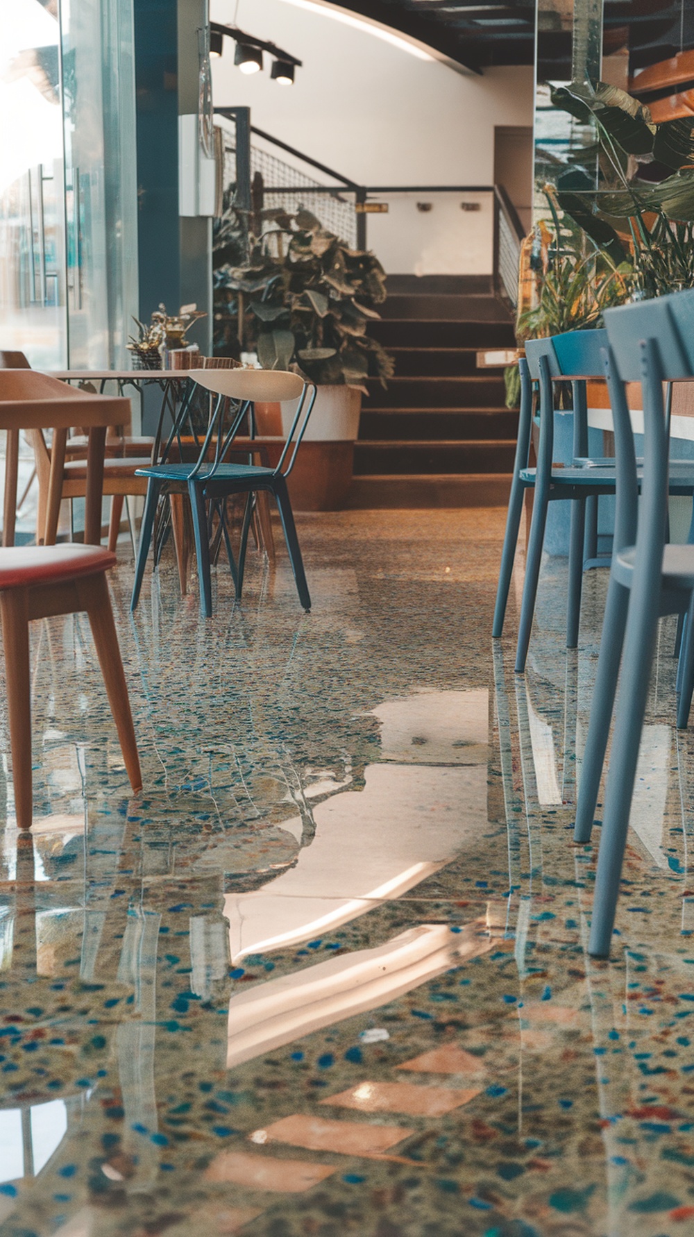 Translucent epoxy floor with embedded objects in a modern space