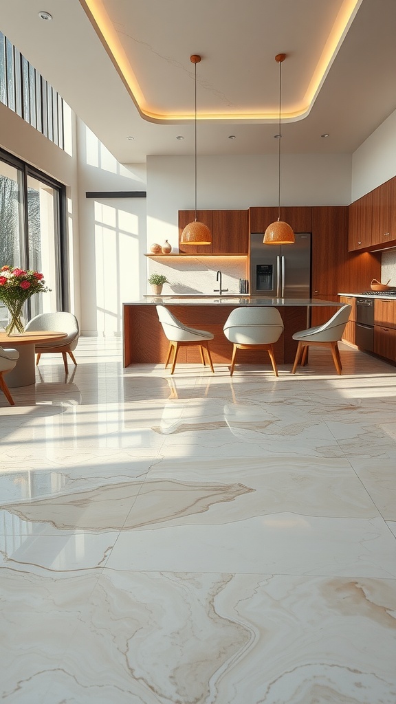 A modern kitchen with a translucent layered epoxy floor, wooden cabinets, and stylish lighting.