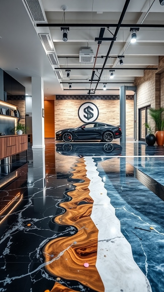A modern space featuring translucent layered epoxy flooring with a sleek car parked on it.