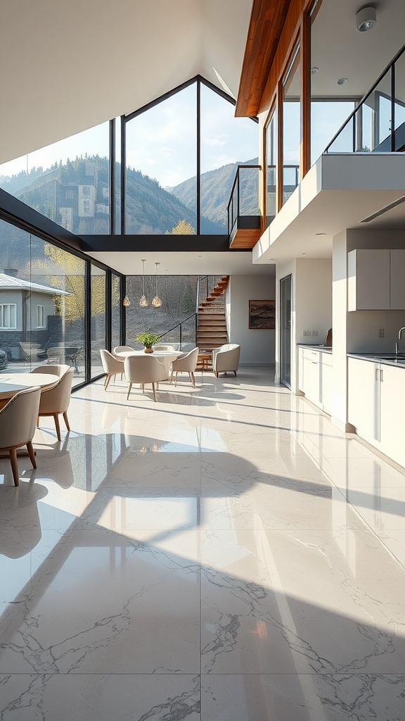 Interior view of a modern hillside home featuring sleek translucent layered epoxy flooring