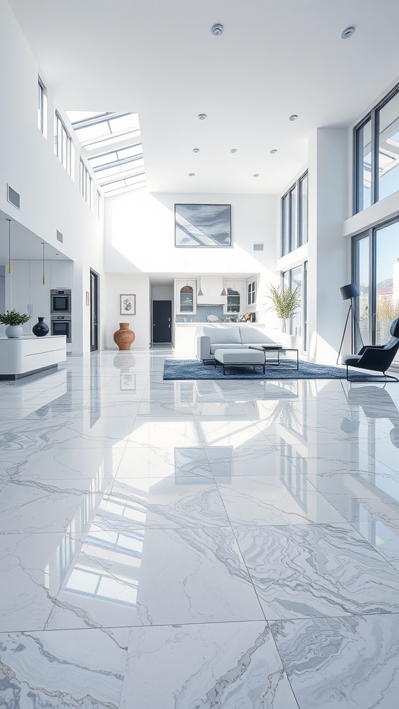 A modern living room with sleek, glossy epoxy flooring that reflects light beautifully.