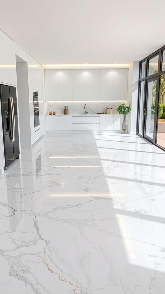 A spacious kitchen with a marble epoxy floor reflecting light, showcasing translucent layers for depth