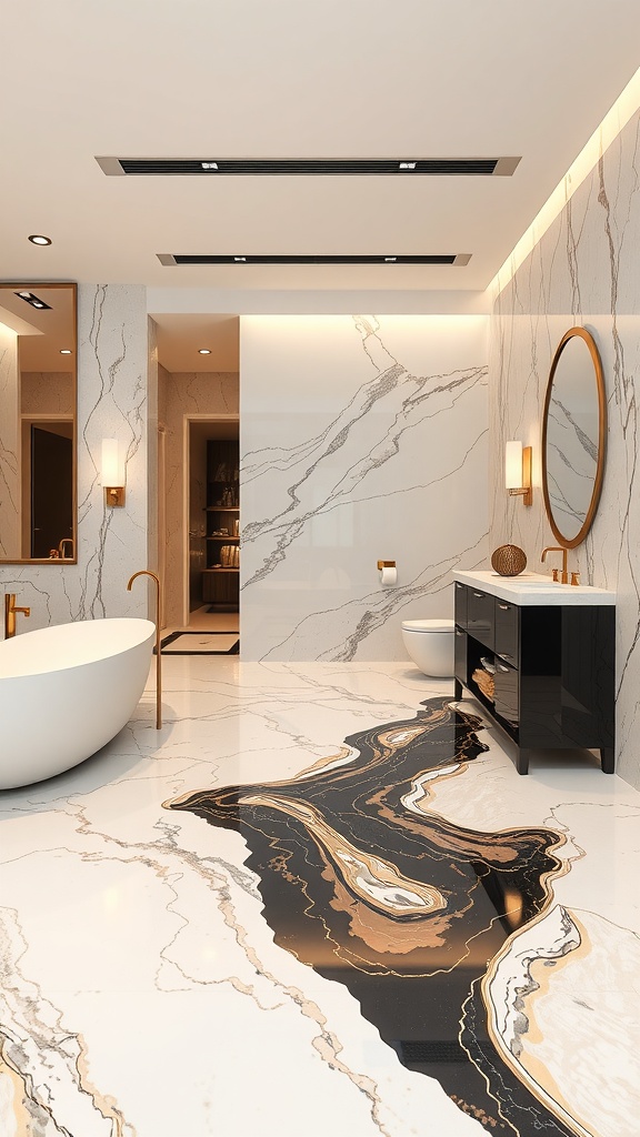 Luxurious bathroom featuring a radiant epoxy floor with translucent resin layers in black and gold accents.