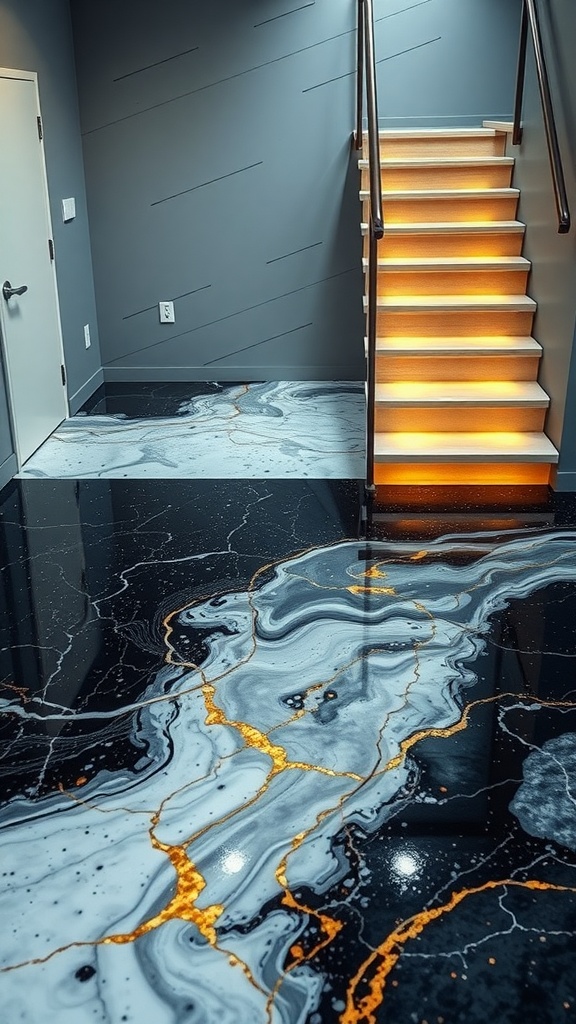 A modern staircase and garage floor featuring translucent resin layers in white and gold marble patterns.