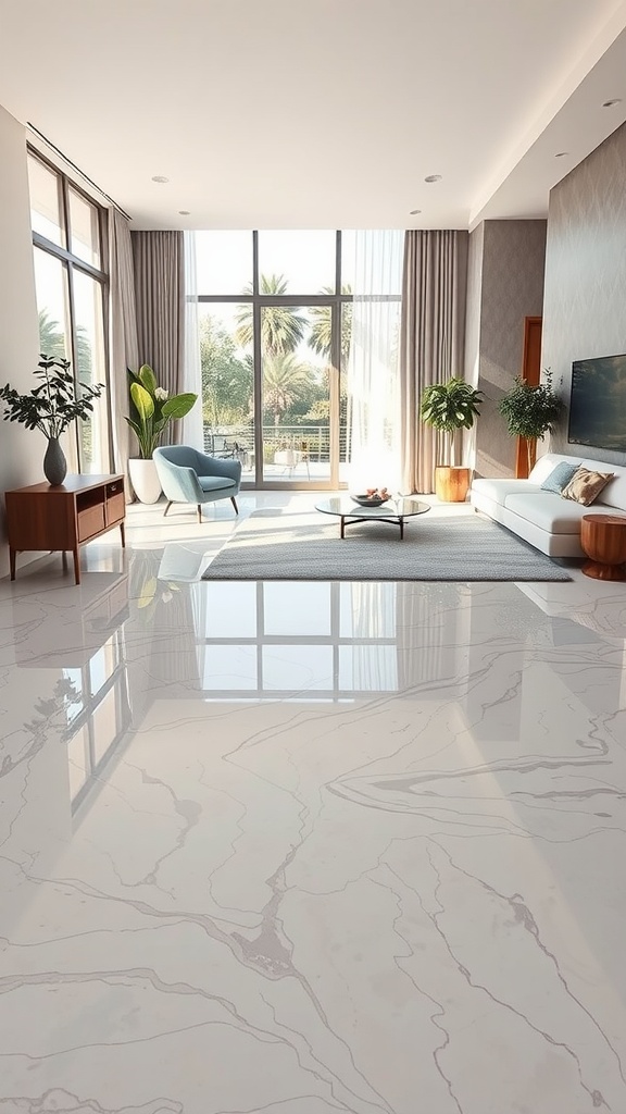 Living room with transparent epoxy flooring, showcasing a modern aesthetic.