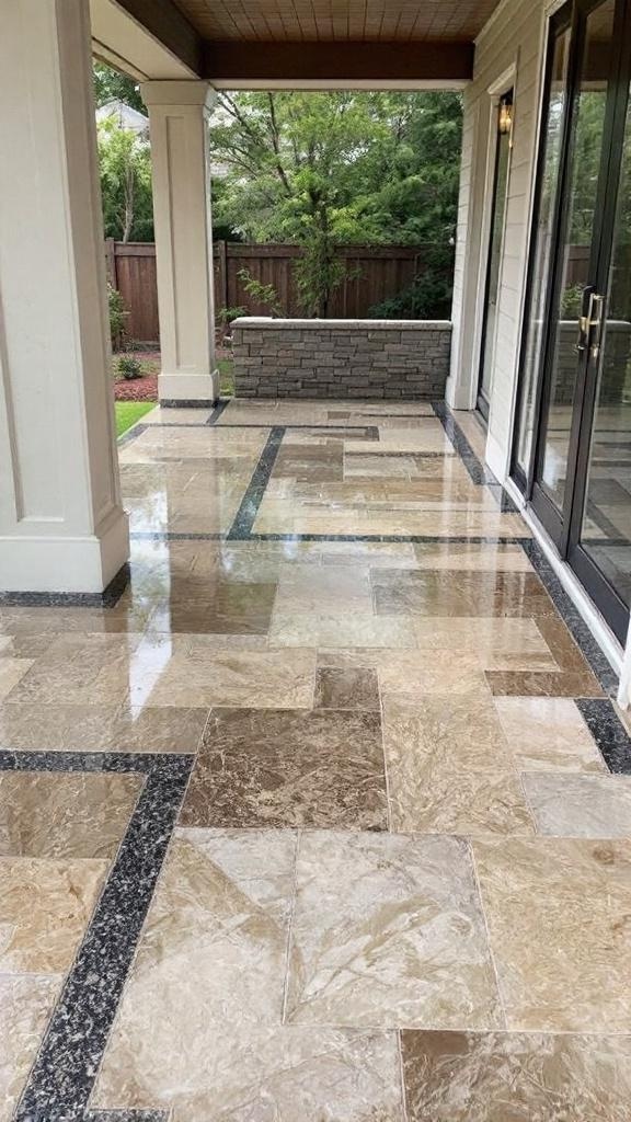 A beautiful entryway with transparent epoxy over natural stone flooring, showcasing a glossy finish.