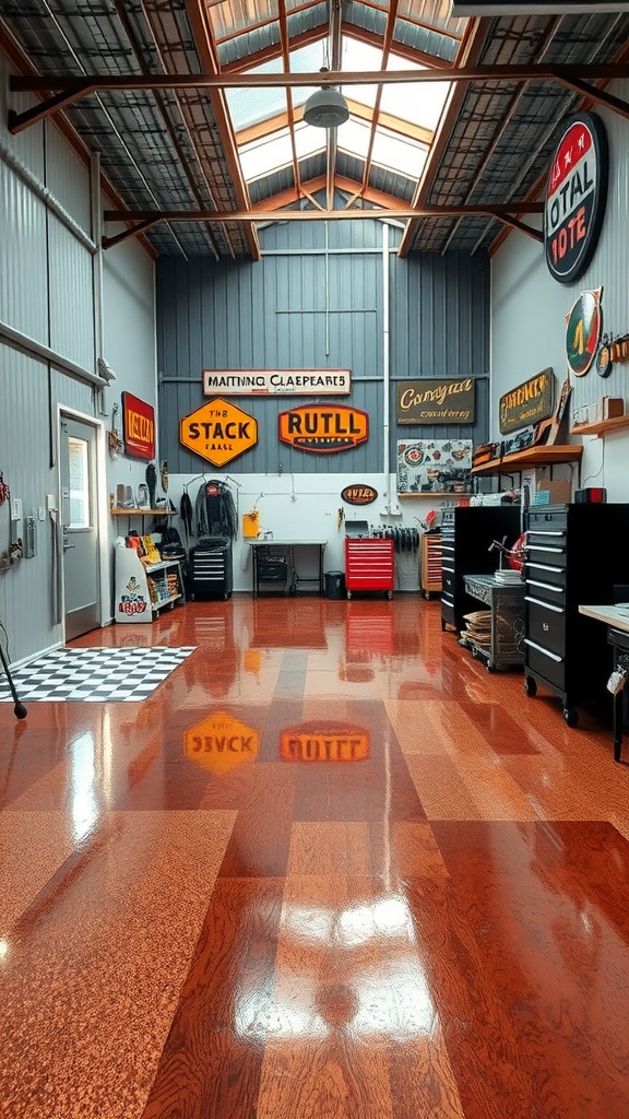 A modern workshop interior featuring transparent epoxy flooring with unique materials, showcasing vibrant decor and tools.