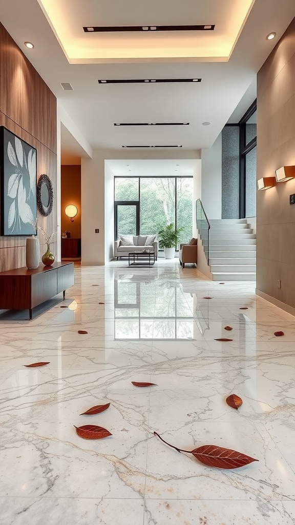 Modern entryway featuring transparent epoxy concrete floor with embedded leaves