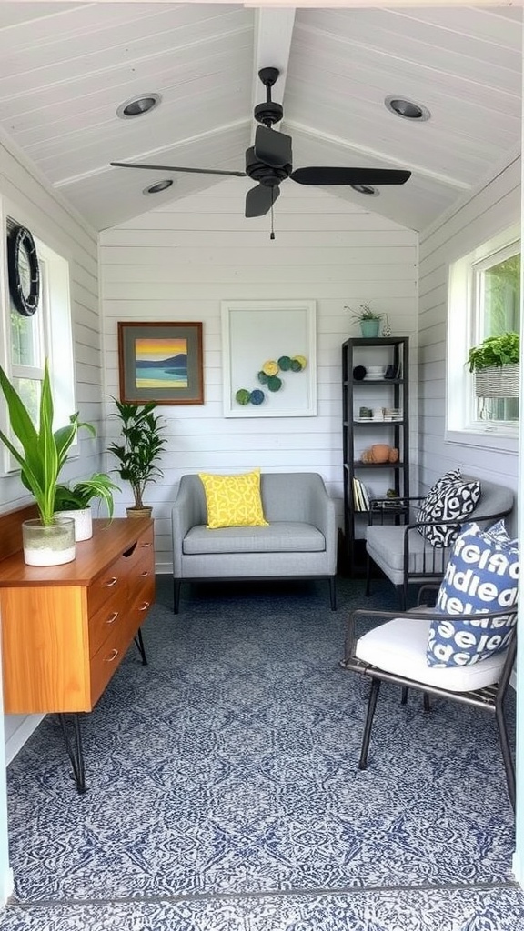Stylish living room featuring a dynamic epoxy floor with vibrant colors and geometric patterns.