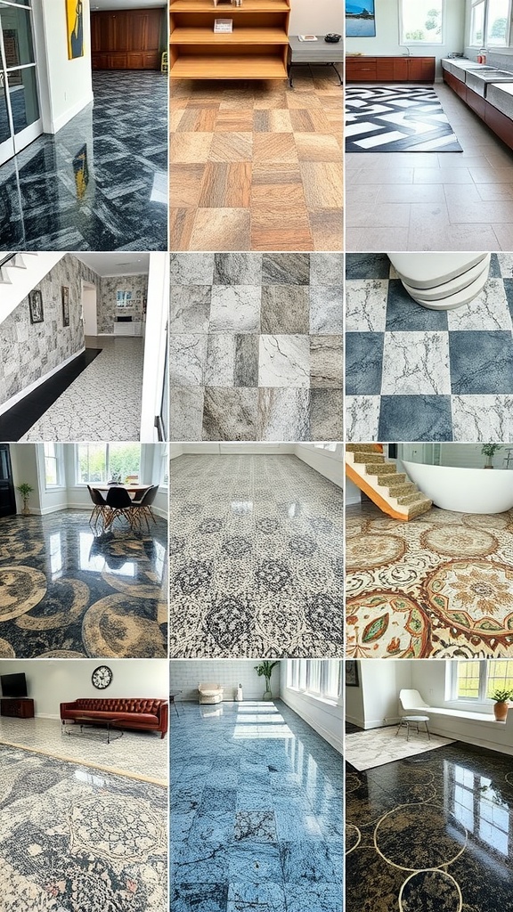 Trendy epoxy floor design featuring a mix of wood and stone patterns in a geometric style.