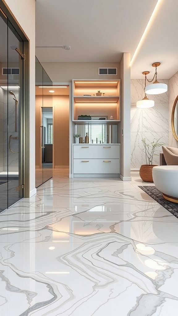 Stylish interior featuring high-gloss epoxy flooring with swirling patterns