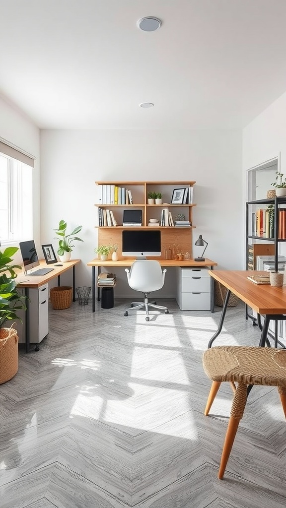 Bright office space with epoxy flooring, wooden desks, and plants.