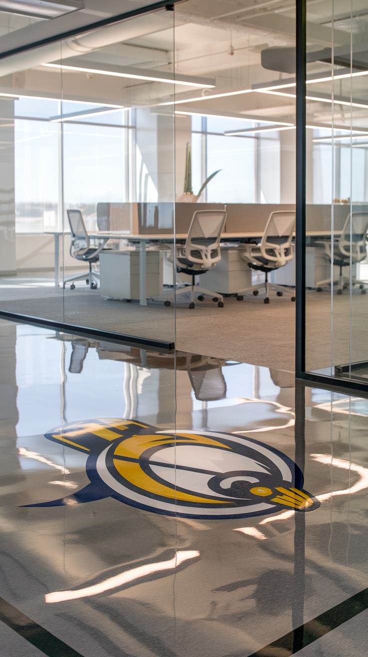 A brightly colored epoxy floor with geometric patterns in a sports venue