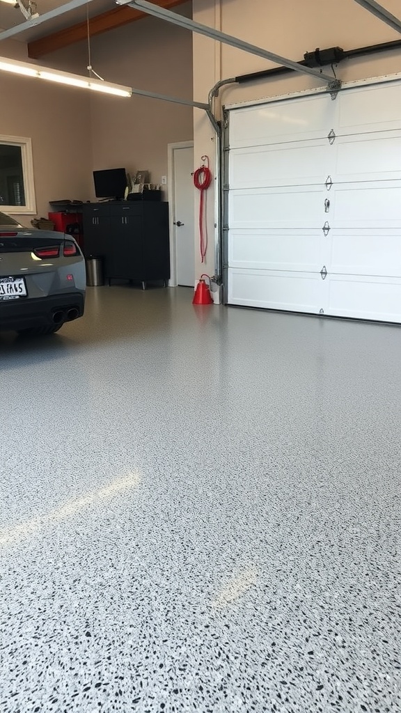 A modern garage with unique epoxy flooring and stylish decor.