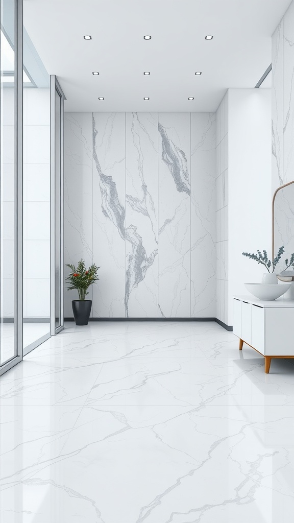A modern interior featuring a white marble look metallic epoxy floor, sleek furniture, and large windows