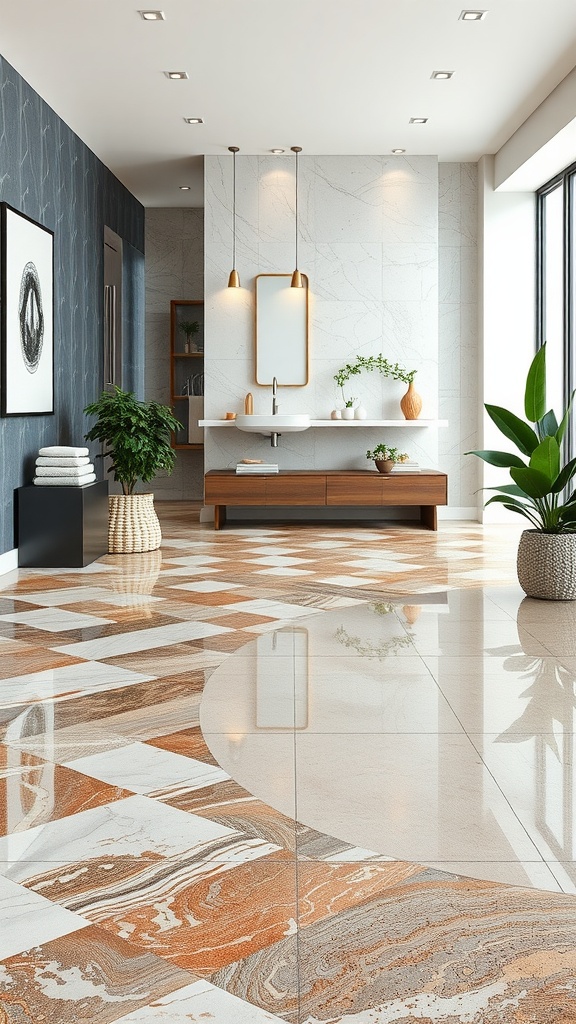 Interior space with metallic marble epoxy flooring featuring orange and white tiles, modern sink, and decorative plants.