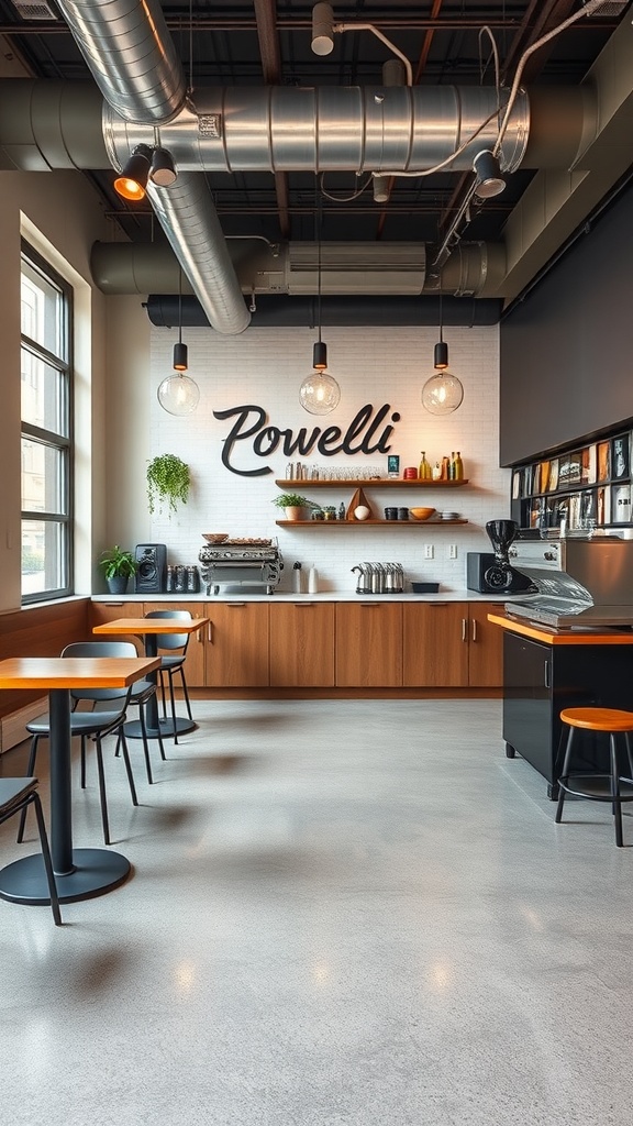 Interior of a trendy coffee shop with wooden accents, a chalkboard menu, and colorful epoxy flooring.