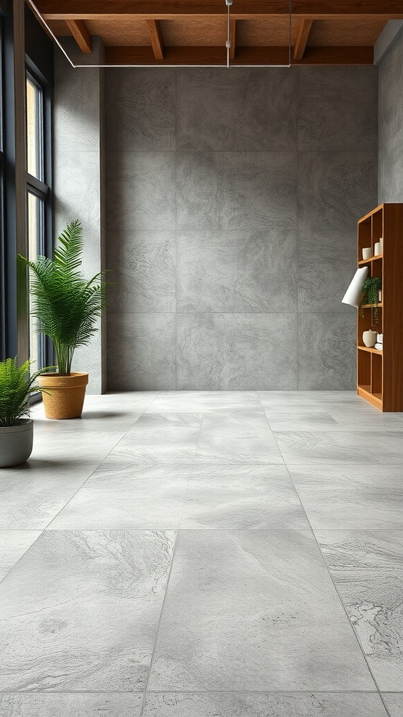 A modern room with gray concrete floors, large windows, plants, and a wooden shelf.