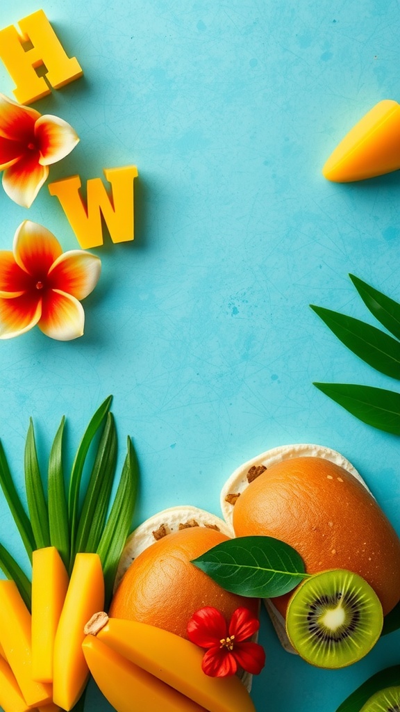 Tropical fruit sliders with banana, mango, and kiwi on Hawaiian rolls, garnished with mint leaves.