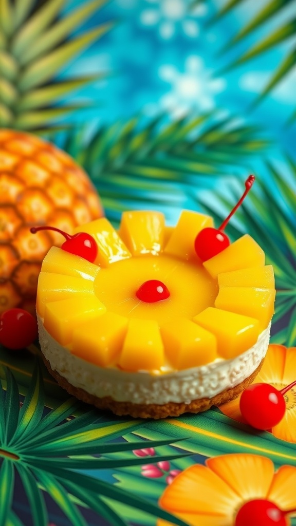 Mini pineapple upside-down cheesecake topped with pineapple and cherries on a tropical background.