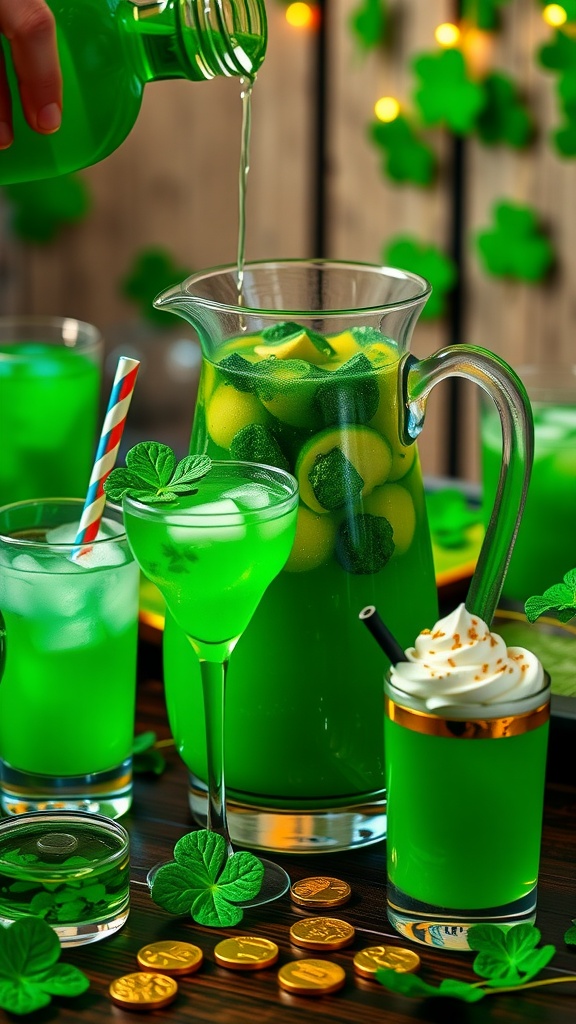 A vibrant pitcher of Tropical Mint Green Sangria with ingredients ready for a festive St. Patrick's Day celebration.