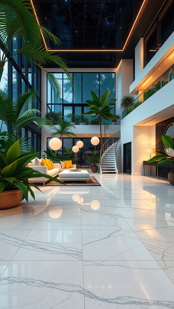 Luxurious tropical interior with glossy epoxy floors and modern decor.