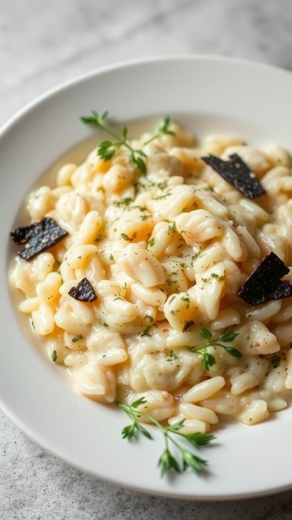 A bowl of creamy truffle-infused risotto garnished with herbs and truffle pieces